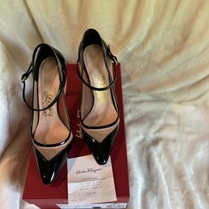 Salvatore Ferragamo black patent heel shoes with nude mesh and pink accent